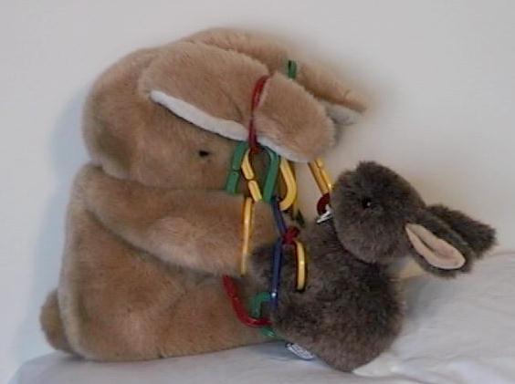 Little bunny reaches up and plays with colourful chain dangling from big bunny's ears!